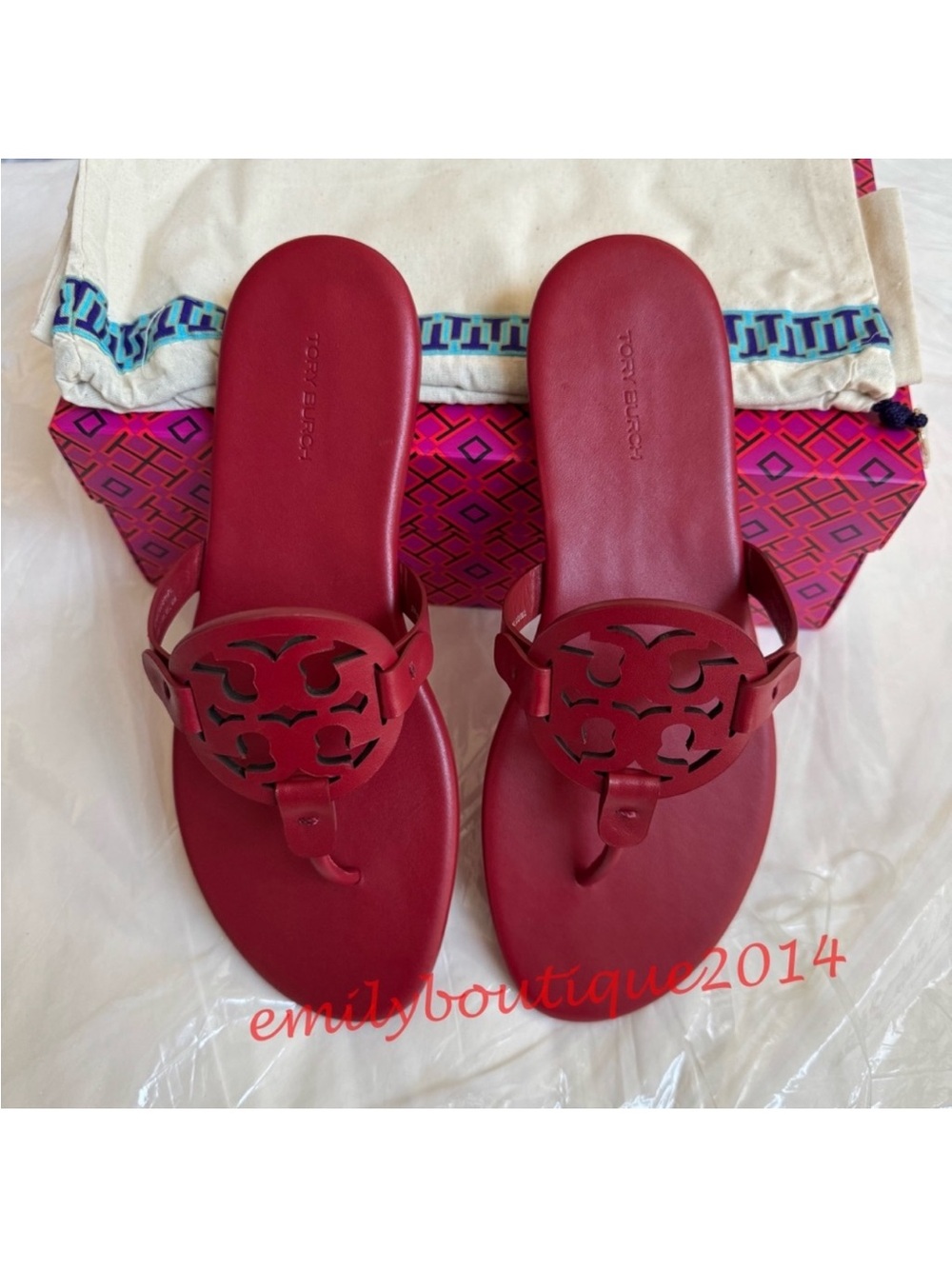 NIB Tory Burch Miller Size 7.5 Tory Red Calf Leather Sandals 90582 - Picture 7 of 10